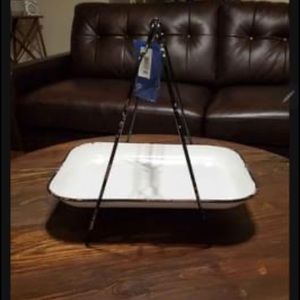 Farmhouse decor. Metal Decorative tray with stand. Enamel finish